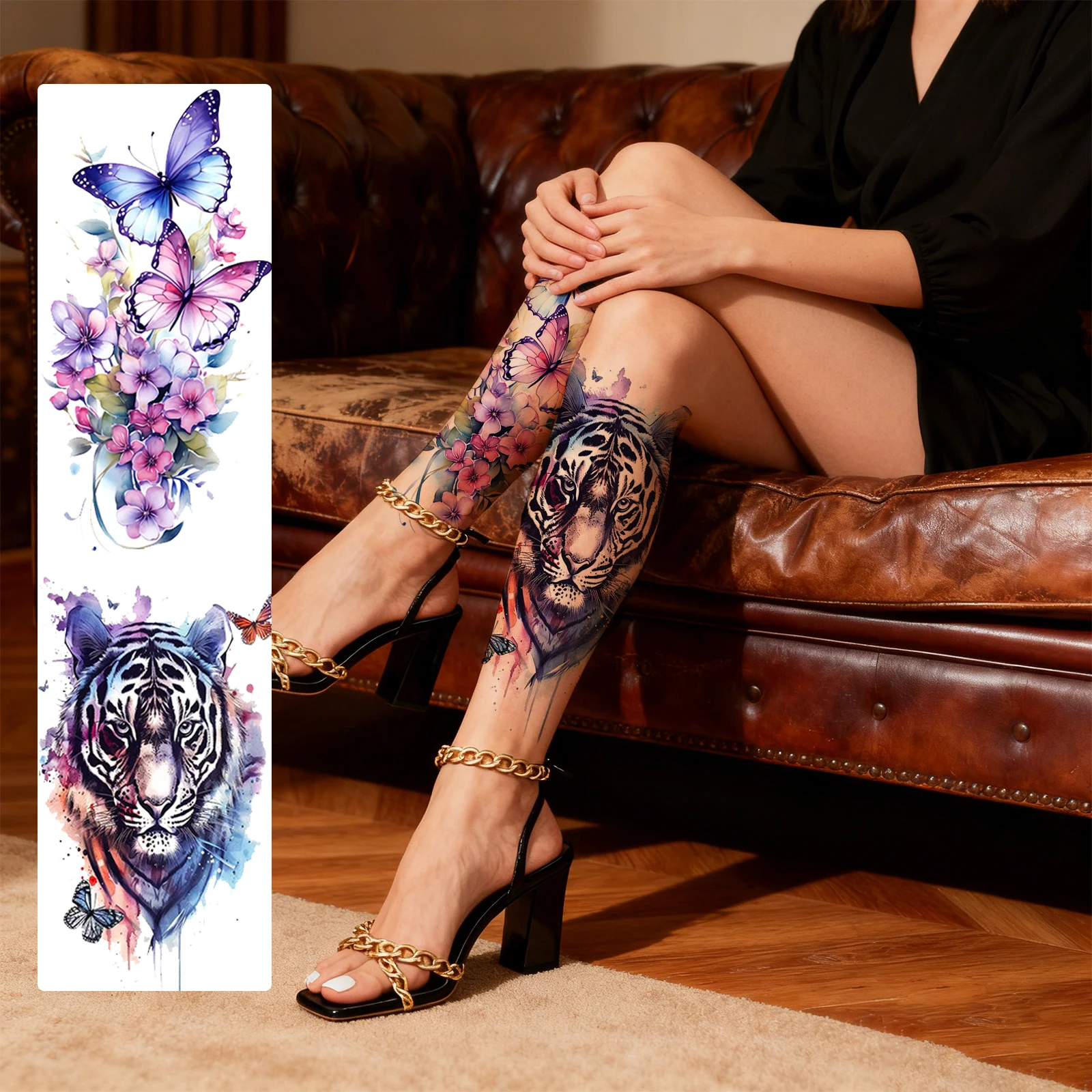 2 Sheets Colorful Butterfly Flower Tiger Temporary Tattoo Stickers, Waterproof Fake Tattoos, Suitable for Women and Men