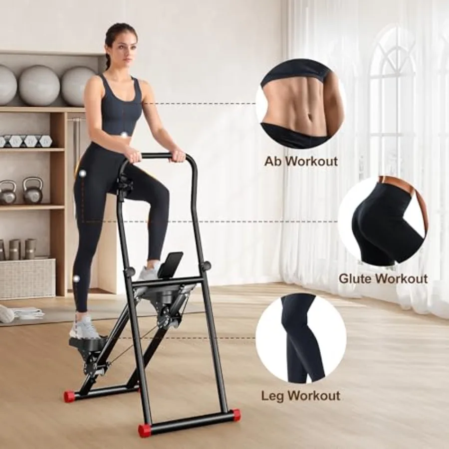 Home gym stair stepper: compact folding vertical climber with extended step range, steel frame, black finish, space-saving desi