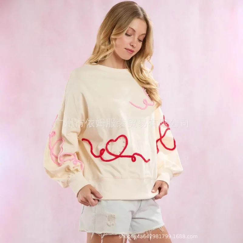 Women's Y2K Vintage Crew Neck Long Sleeve Heart Shaped Casual Loose Pullovers Hoodies Aesthetic Sweatshirts