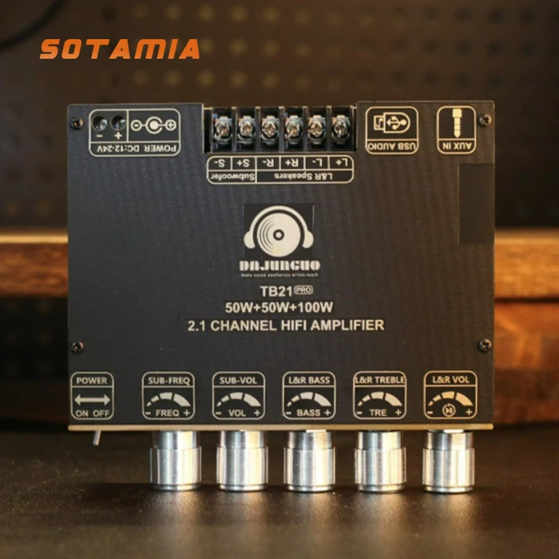 

Плата усилителя мощности SOTAMIA TPA3116D2 2.1-канальная Bluetooth, 50Вт*2+100Вт, вход AUX, широкий диапазон входного напряжения DC 12-24В