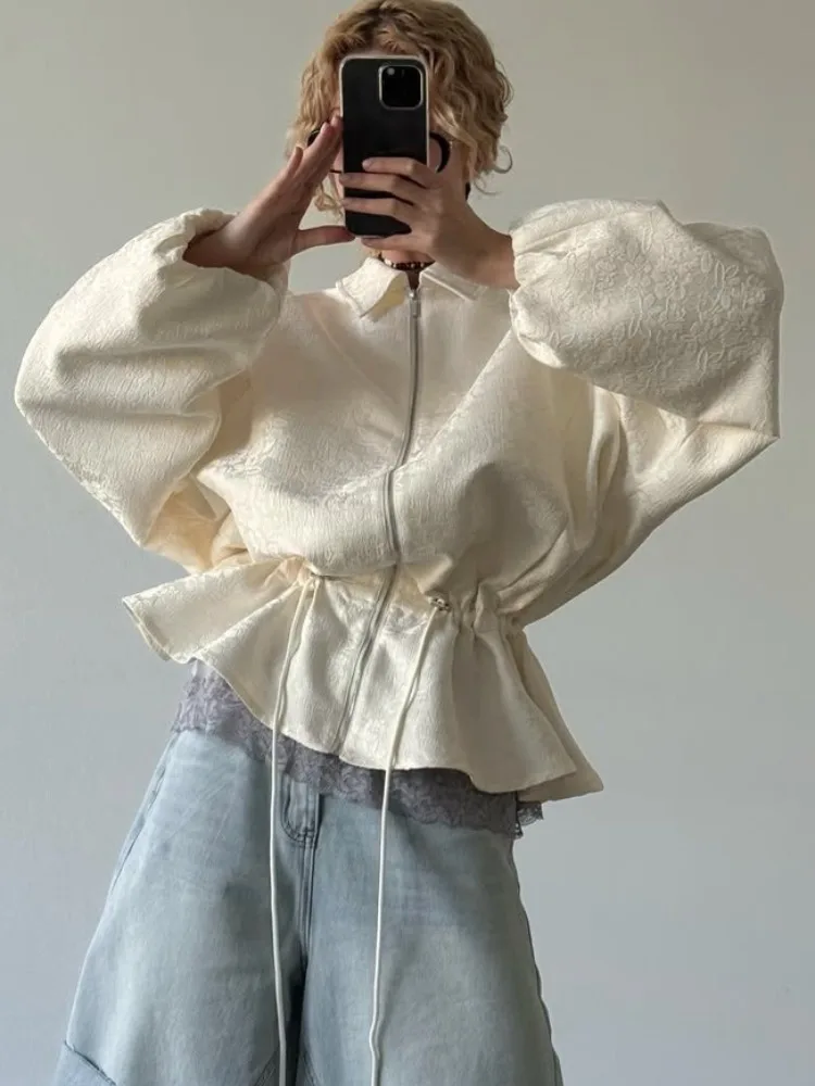 LIinar Apricot Jacquard Fitted Cropped Jacket for Women Spring Fall Bell Sleeves Drawstring Slimming Casual Loose-Fitting Jacket
