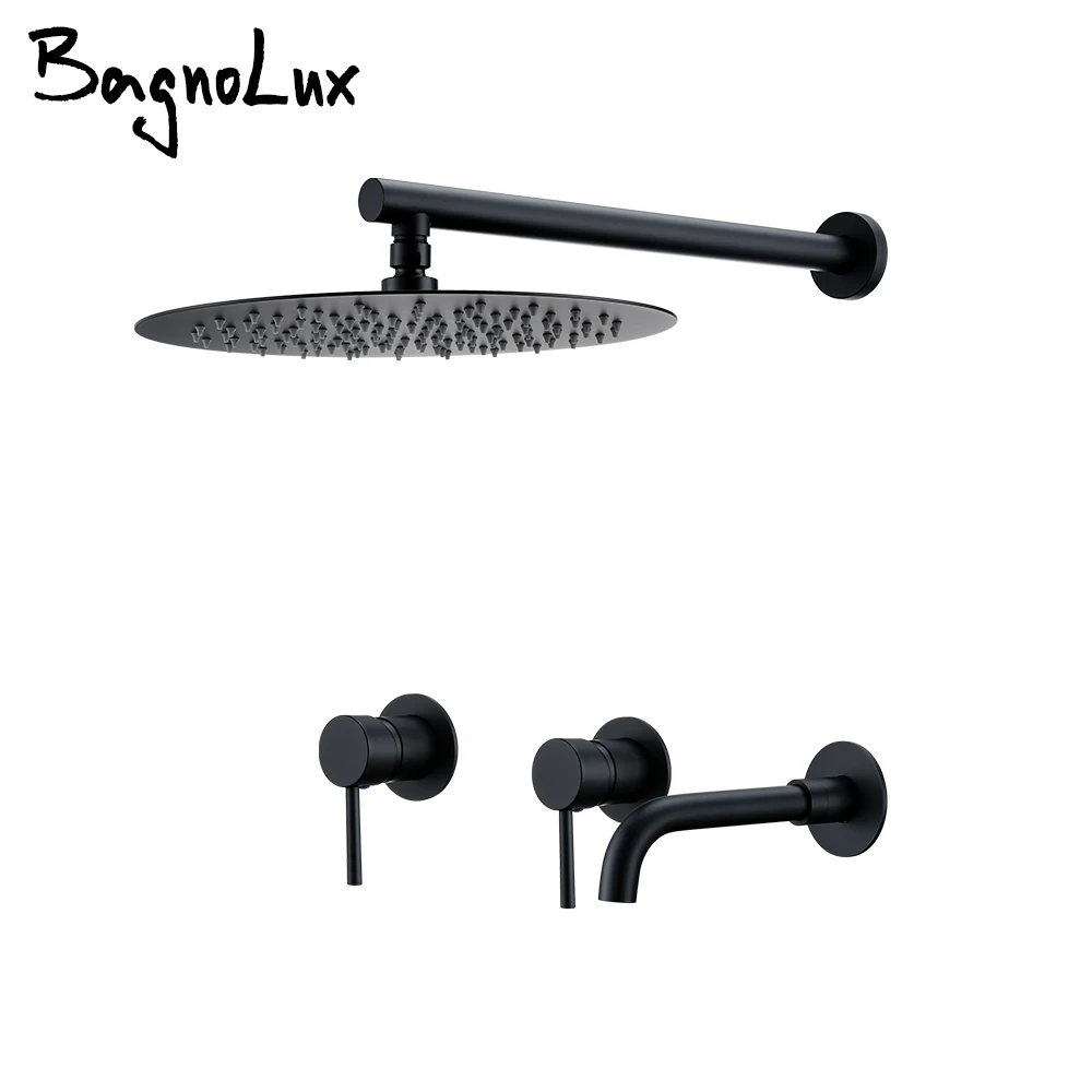 Matte Black Shower Faucet Rainfall Head&Spout With Sedal Cartridge Hot&Cold Water Mixer Brass Bathroom Shower Tap 2 way Set