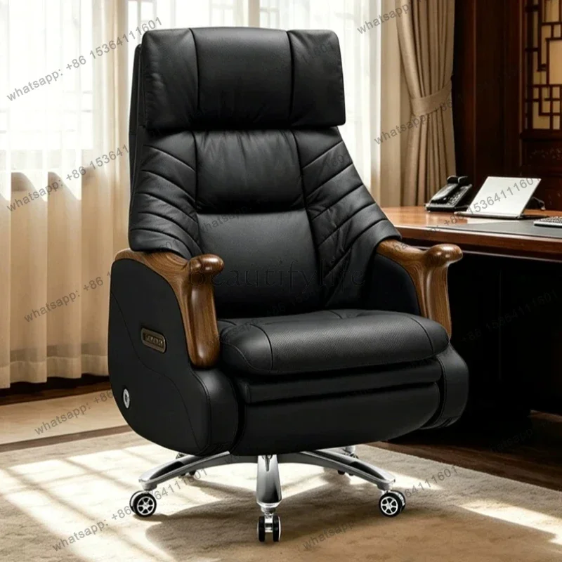 Dual Motor Massage Executive Office Seating Top Grain Leather Solid Wood Arm Work Furnish Motorized