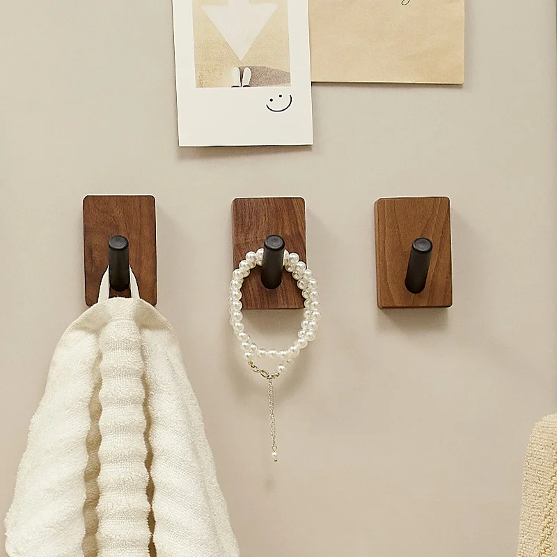 Walnut Wood Coat Rack Hooks  Black Wall Hangers for Hanging Keys, Clothes, Bathroom Robe and Towels  and Entryway， No Drilling