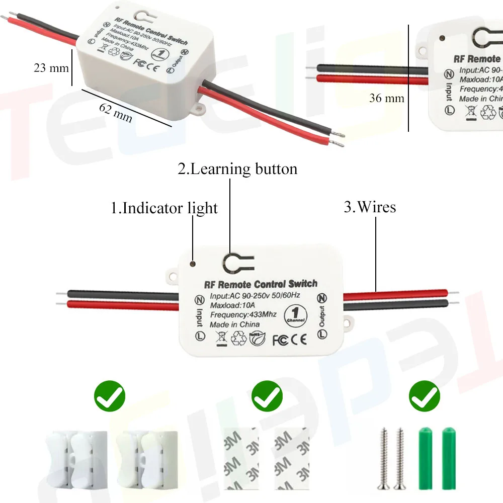 110V 220V 240V Wireless Light Switch Mini Round Panel Wall Switch,RF 433MHz Remote Control Switch for Home LED Light Lamp ON OFF