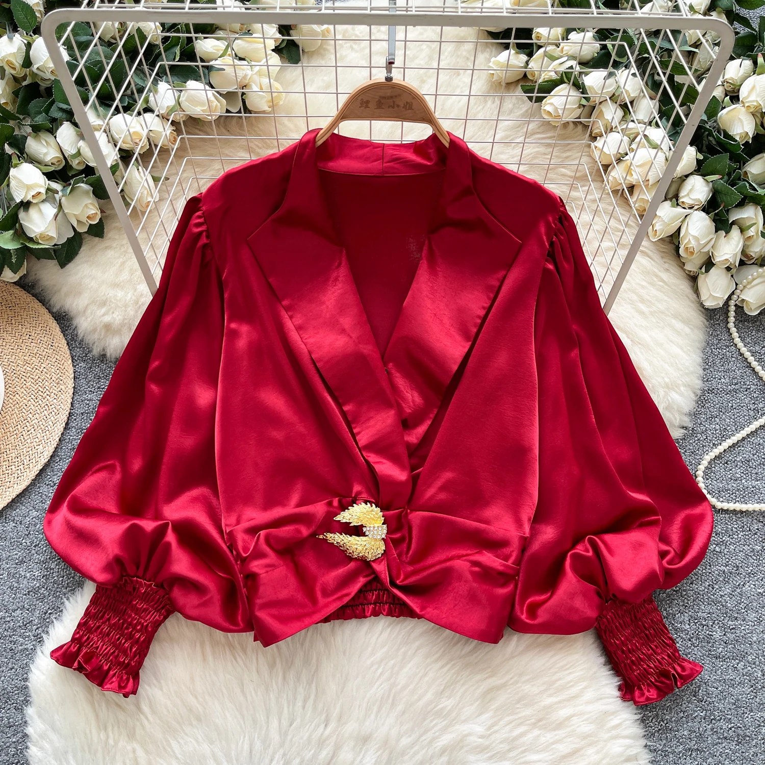 بلوزة كلاسيكية بياقة مقلوبة وأكمام طويلة مطبوعة على الموضة الأنيقة للنساء قميص hotsweet ملابس نسائية