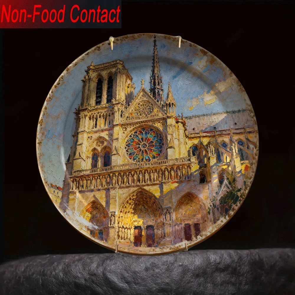 1pc Notre-Dame de Paris Ceramic Decorative Plate - French Gothic Architecture Replica with Iconic Cathedral Spires & Stained