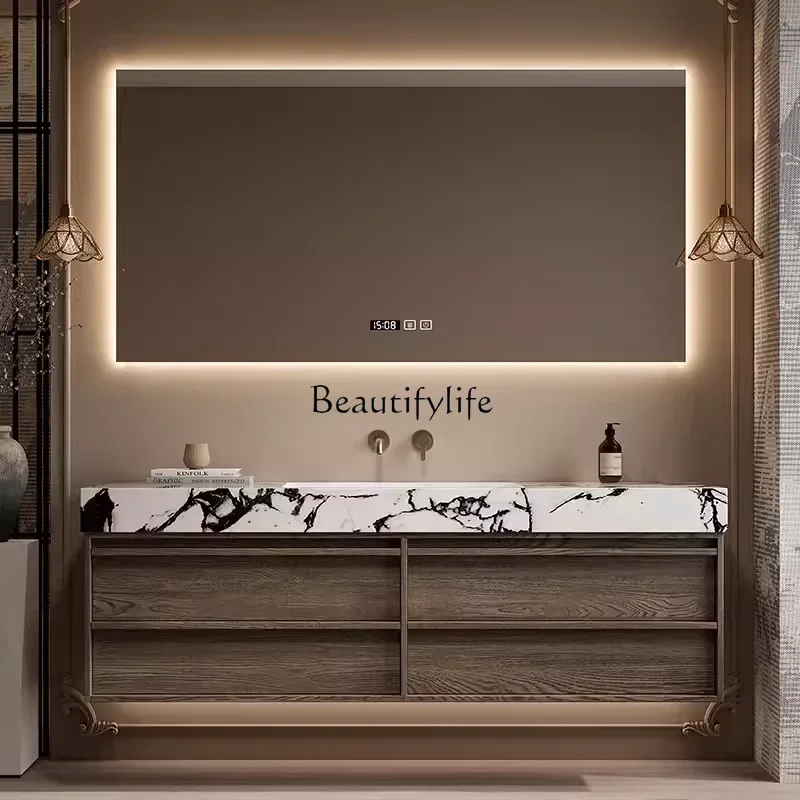 

12Medieval style rock slab seamless ceramic integrated basin bathroom cabinet combination