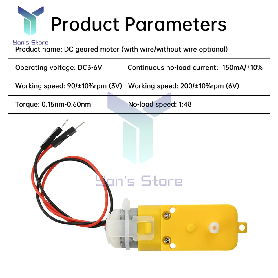 Moteur TT 3-6 V CC – 200 RPM – 0,15-0,60 Nm – 1:48 – Pour Robot Arduino DIY – 29 G – Fils 200 Mm