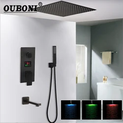 OUBONI Matte Black Brass Shower Head Digital Display Mixer Taps Bathroom Shower Faucet 3-Functions Digital Shower Faucets Set