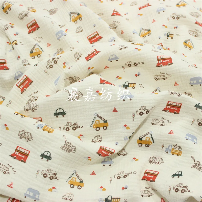 135 X 100cm Double Layer Crepe Baby Fabric Cotton Soft Cartoon Engineering Vehicle Print DIY Towel Clothes Children's Pajama