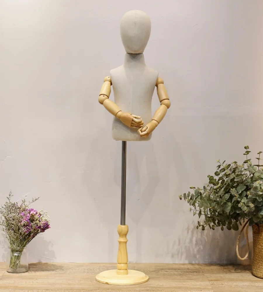 1-8years Tailor's Mannequins for Children Cloth With White Linen Fabric, Wood Disc Base, Plastic Hand Body Props, D347AB