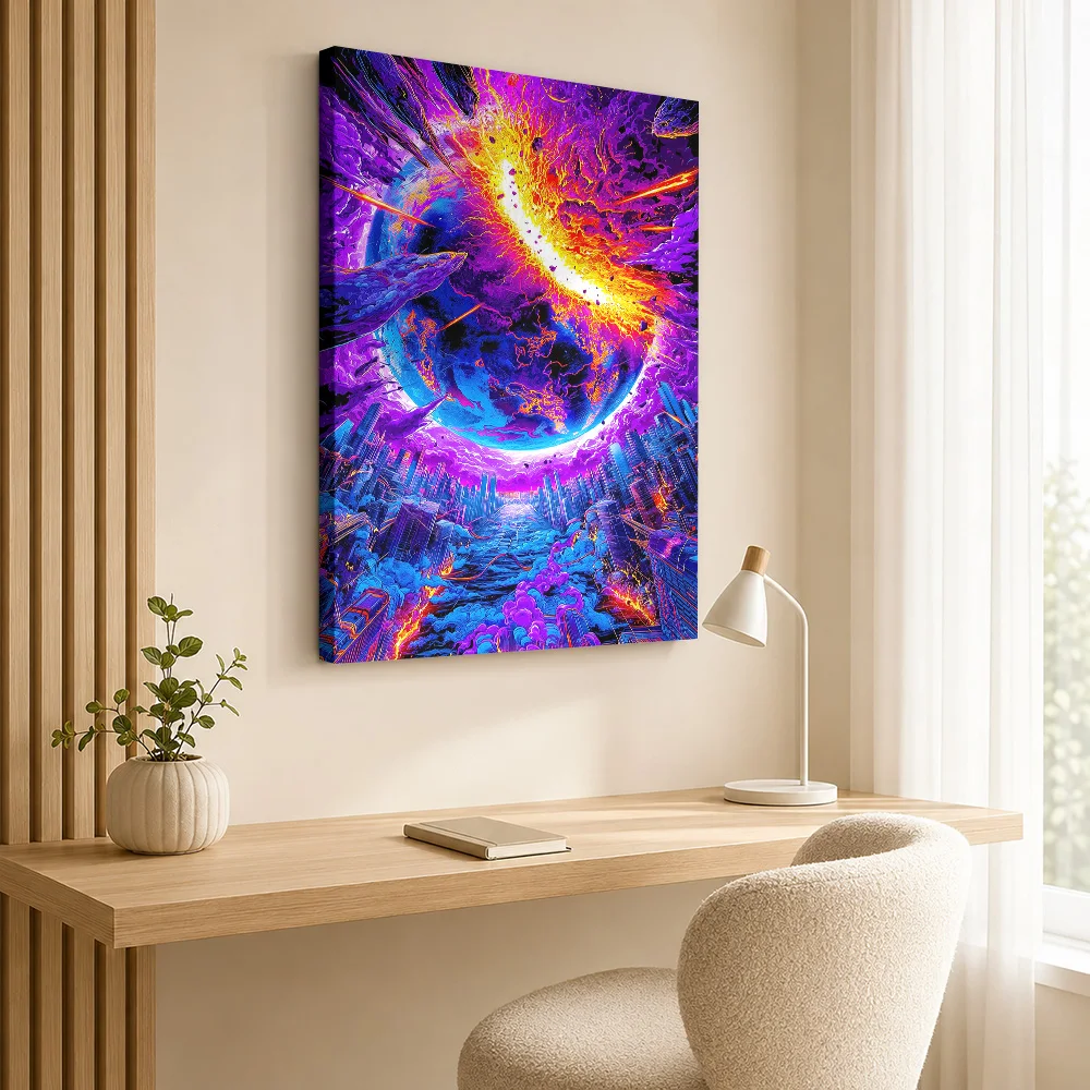 Apocalyptic Planet Collision Over City Canvas Poster Custom Travel Landscape Wall Art for Office Decor Ready to Hang Home Gift