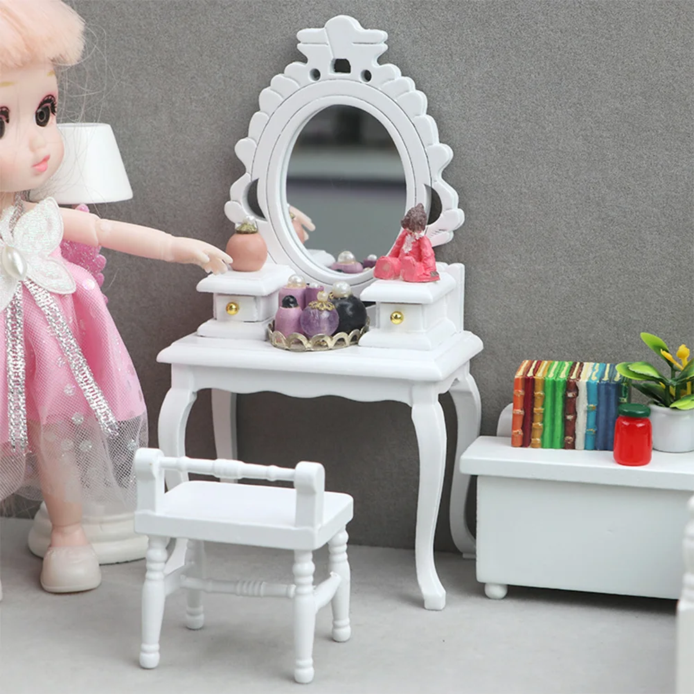 2 Pcs Vintage Dresser Stool Vanity Table Mini House Furniture Dressing Miniature Bedroom Wood Makeup Child and Accessories