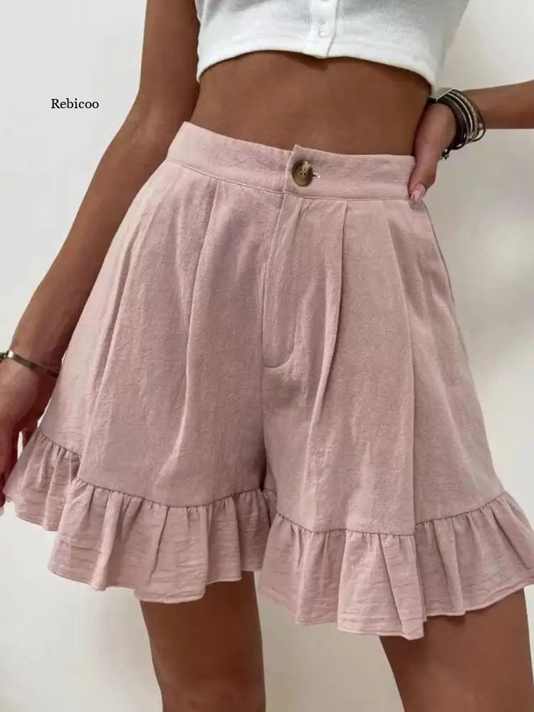 

Cotton and Linen Shorts Casual Wide-leg Loose Shorts 2022 Summer New Solid Color Women's High Waist Sports Shorts Rainbow