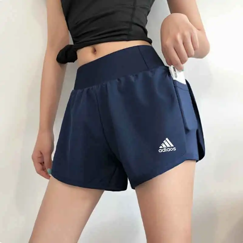Women's high-waisted athletic shorts for running, yoga, layered design, anti-exposure, fitness, and workout with pockets