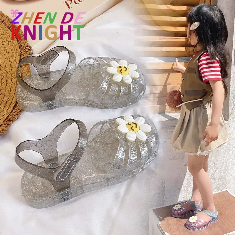 

Girls Cute Cartoon Flower Pattern Children's Transparent Sandals Breathable Outdoor Shoes Hollow Out Sequin Soft Flat Shoes