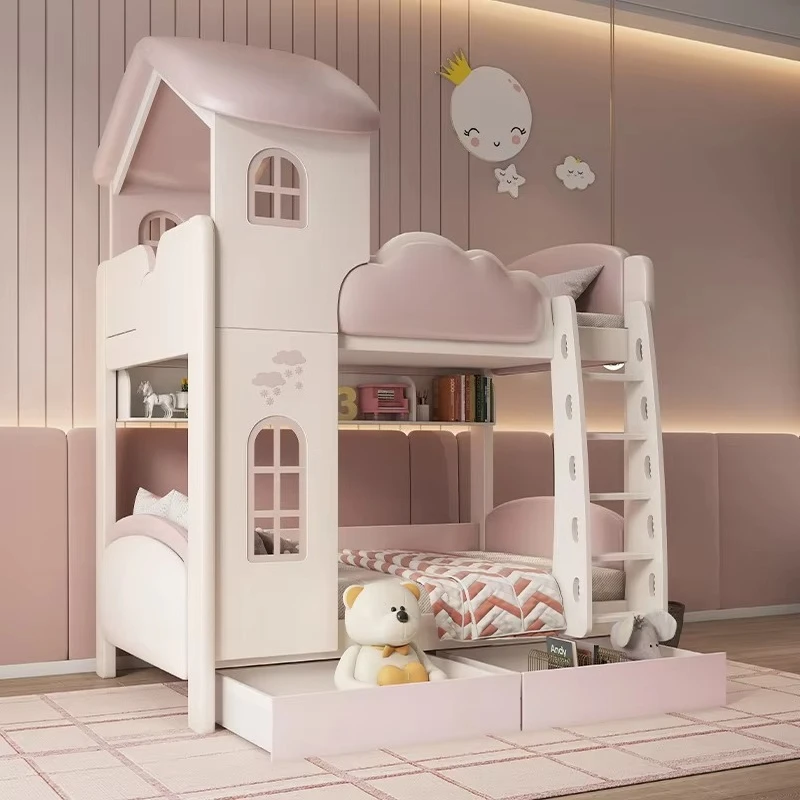 Castle Princess Upper Lower Bunk Bed, Same Width Kids High Low Bed for Small Apartment Bedroom Home Decor Furniture