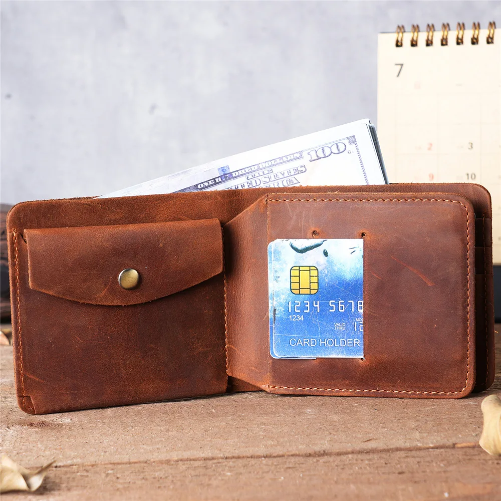 Men Vintage Fashion Genuine Leather Wallet Triple Fold Head Layer Pickup Bag with Coin Pocket Brown Business Purse Short Wallet