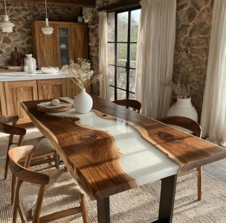 Factory Direct Luxury Solid Walnut Wood Cafe Kitchen Coffee Restaurant River Epoxy Resin Slab Dining Table