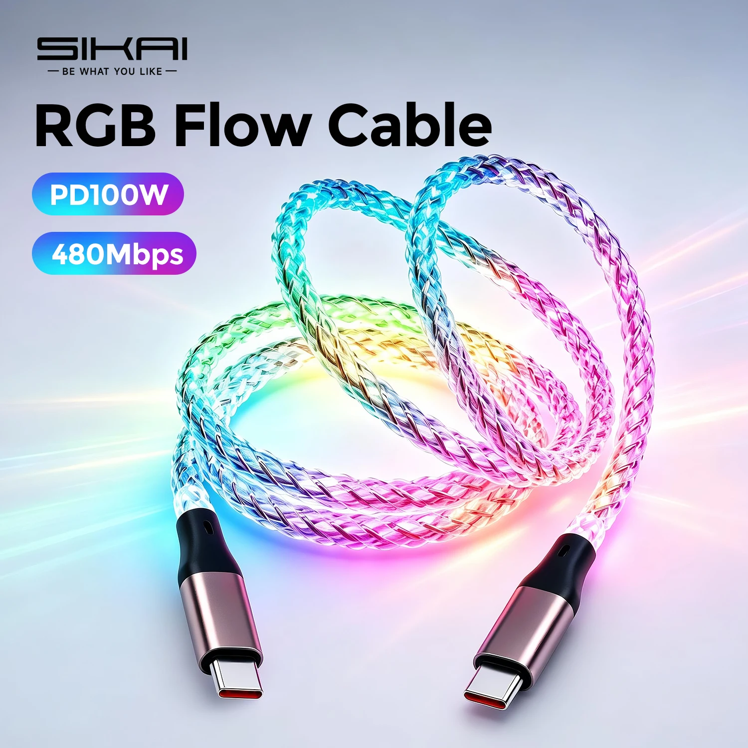 PD100W Fast Charging Cord 60w RGB Flowing Light Up Type C Charging Cable Quick Charge Cable for iPhone Samsung Huawei