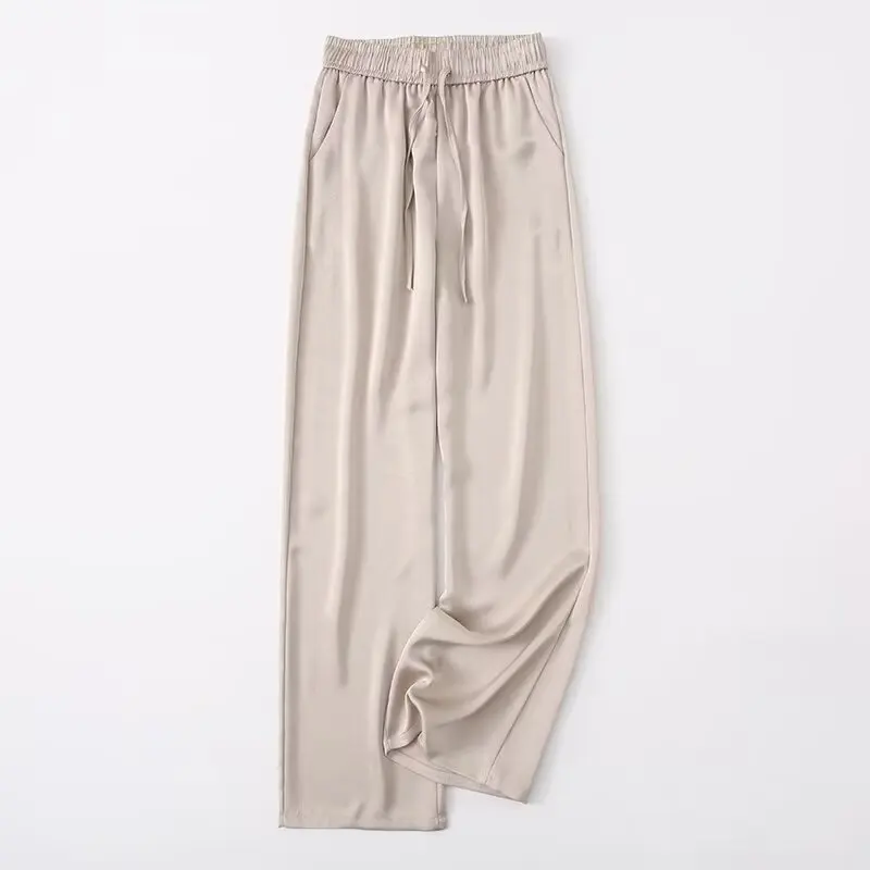 Tangada 2024 Spring Women Satin Wide Leg Suit Pants Trousers Pocket Lady Elegant Pants YU007