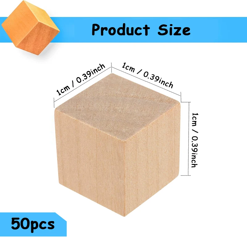 50pcs 10mm Unfinished Wooden Cubes, Natural Wood Cube Blocks Square Slices Cutouts for Arts, Crafts, and DIY Projects