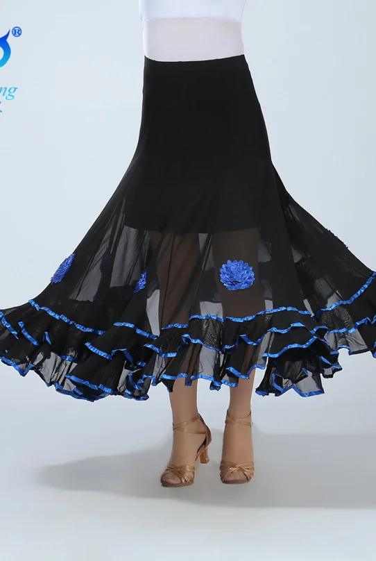 Falda de baile de salón de doble cubierta para mujer, gran Swing Flower, falda larga, vals moderno, Tango, ropa de baile Social, vestidos, disfraz de escenario