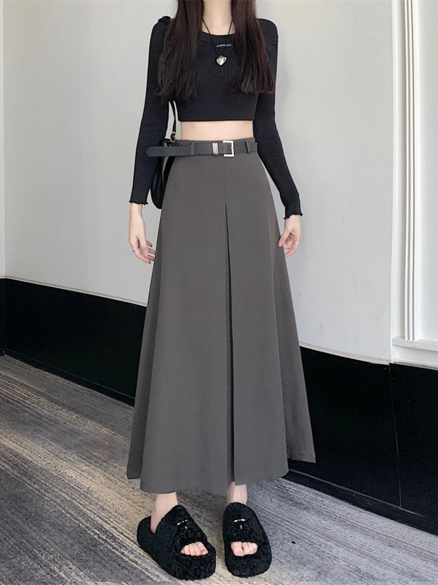 High Waist A-Line Long Skirt with Belt Women's Suiting Skirt Spring Autumn plus Size Slimming Hip Covering Korean Style