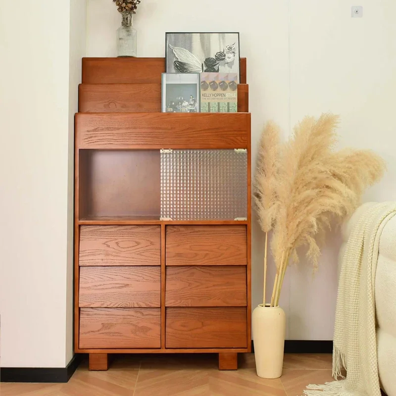 

Solid wood dining side cabinet 2025 new medium and ancient style high living room wall integrated locker retro display rack