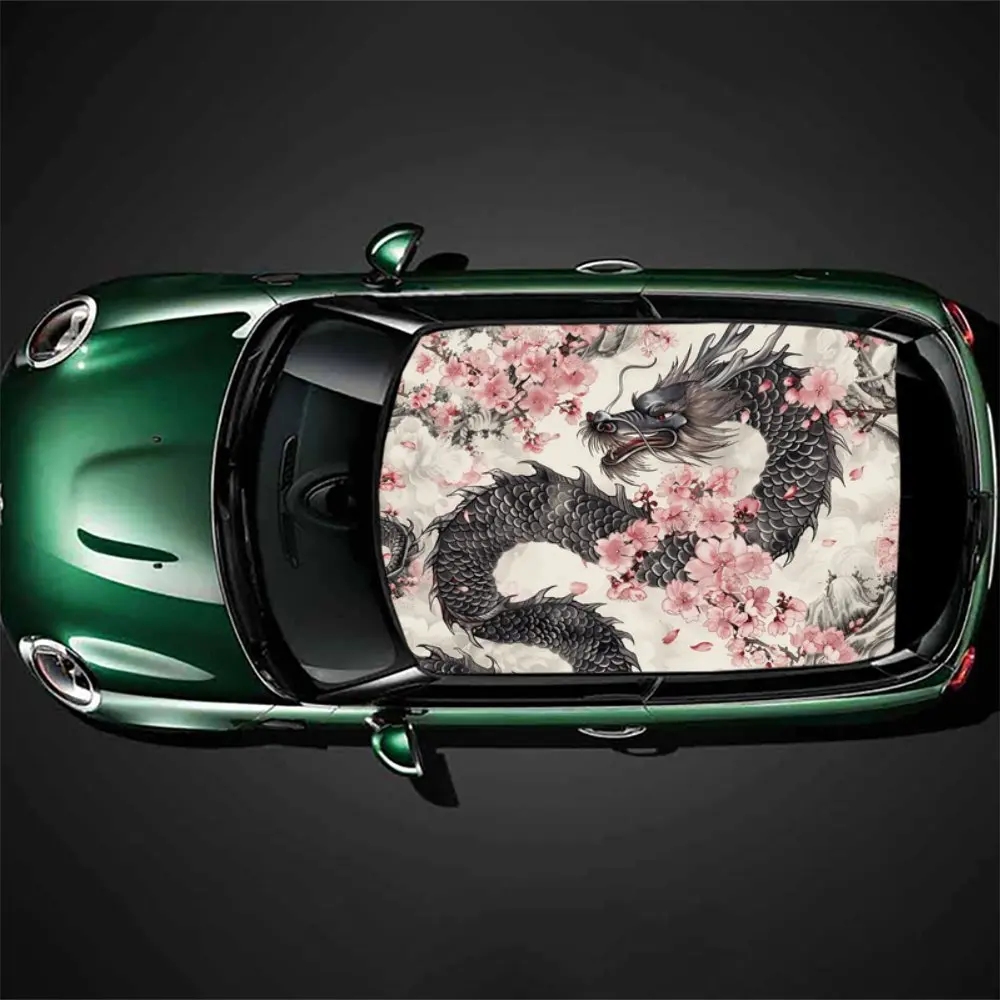 Ink Dragon with Cherry Blossom: The graceful silhouette of a dragon in a watercolor scroll; car vinyl wraps, vinyl car roof grap