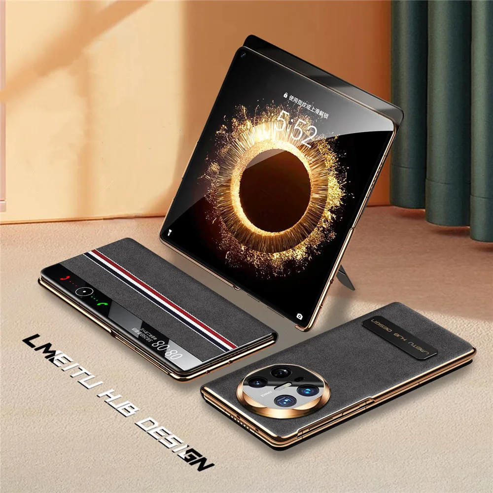 Genuine Skin-feel Suede Leather Flip Case for Huawei Mate X6 Window View Bracket Cover