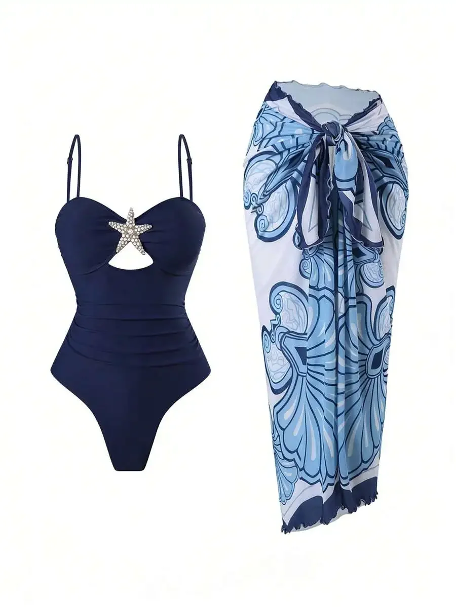

Womens One-Piece Swimsuit With Hollow-Out Starfish Decor And Ruched Tummy Control Plus Maxi Skirt