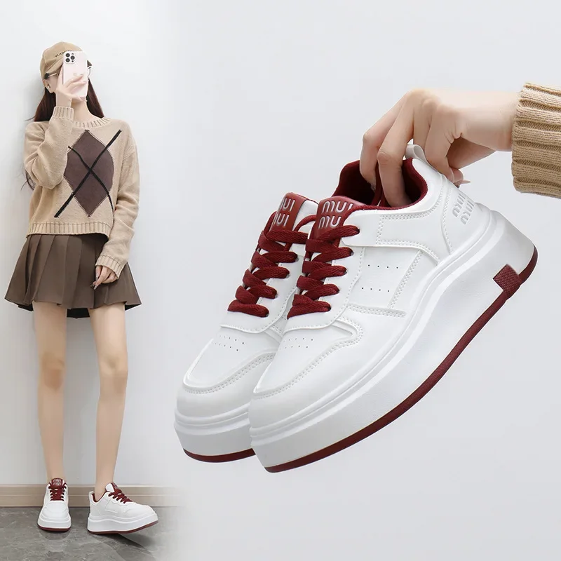 Zapatillas de deporte informales de cuero con empalme de suela gruesa para mujer, zapatos con suela de goma y suela gruesa para niña, zapatos de mujer