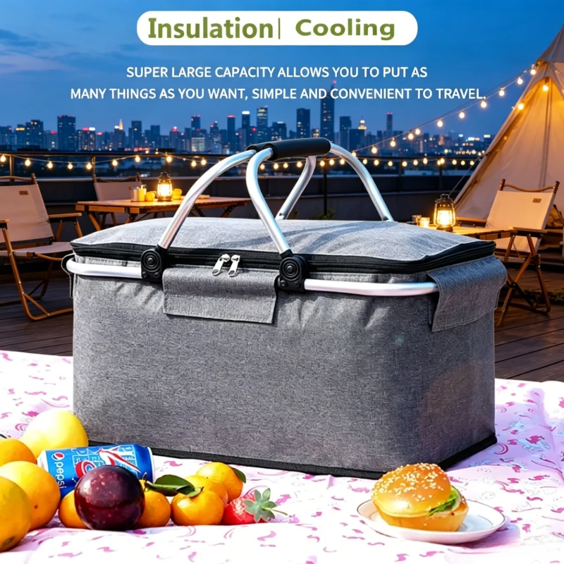 Foldable Large Capacity Insulated Picnic Bag, Portable Handheld Cooler Bag, Thermal Lunch Box for Camping, Travel & Food Storage view 2