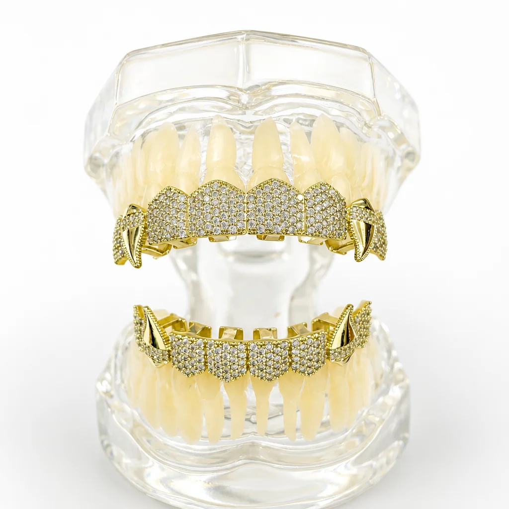 Dentaduras Postizas Personalizadas de Moda Hip-Hop con Diamantes Completos para Hombre, Colmillos Afilados, Dentaduras de Vampiro para Navidad