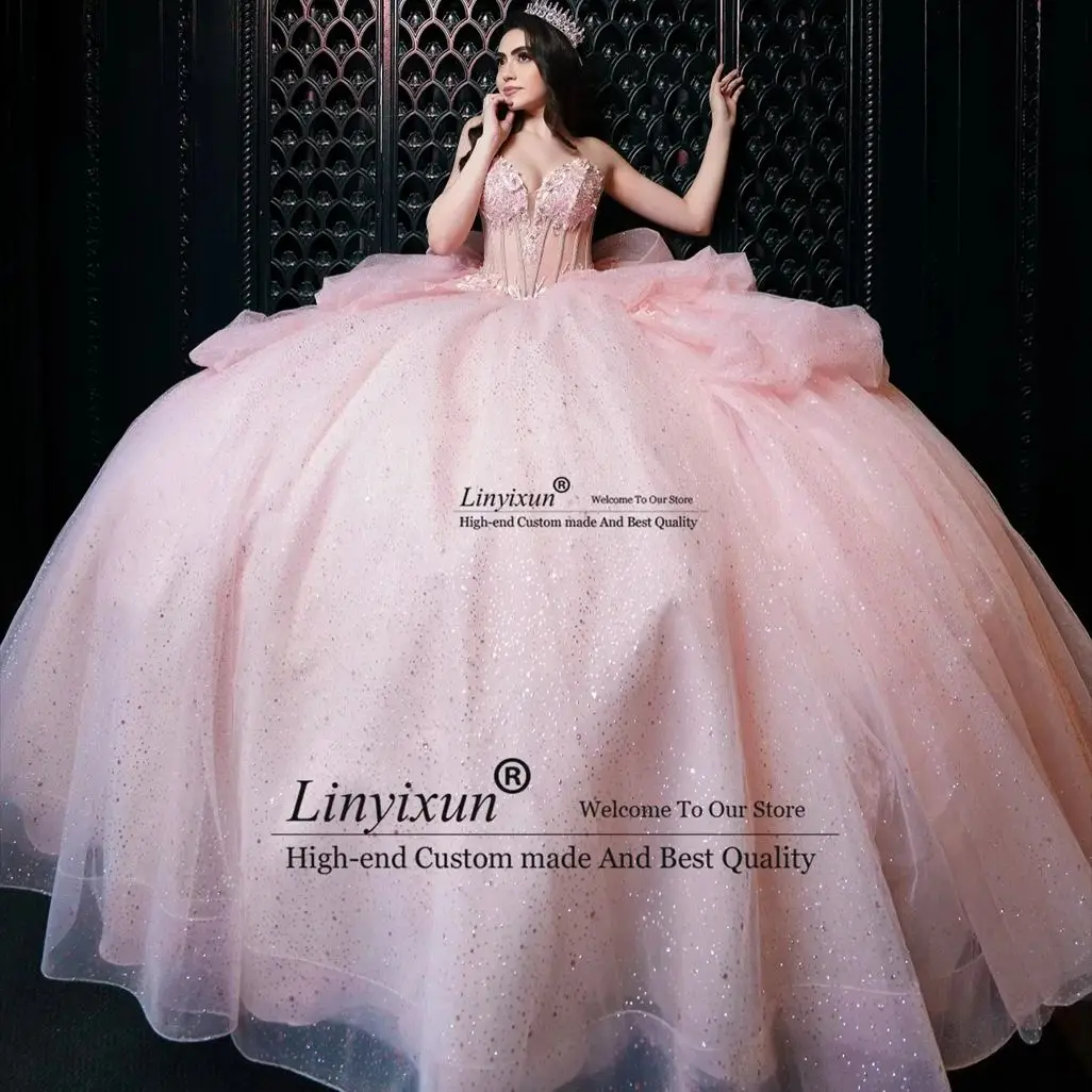 Eleganza rosa principessa messico abiti Quinceanera di lusso cinghie con fiocco perline di cristallo principessa dolce 16 abiti Vestidos Ball Gown