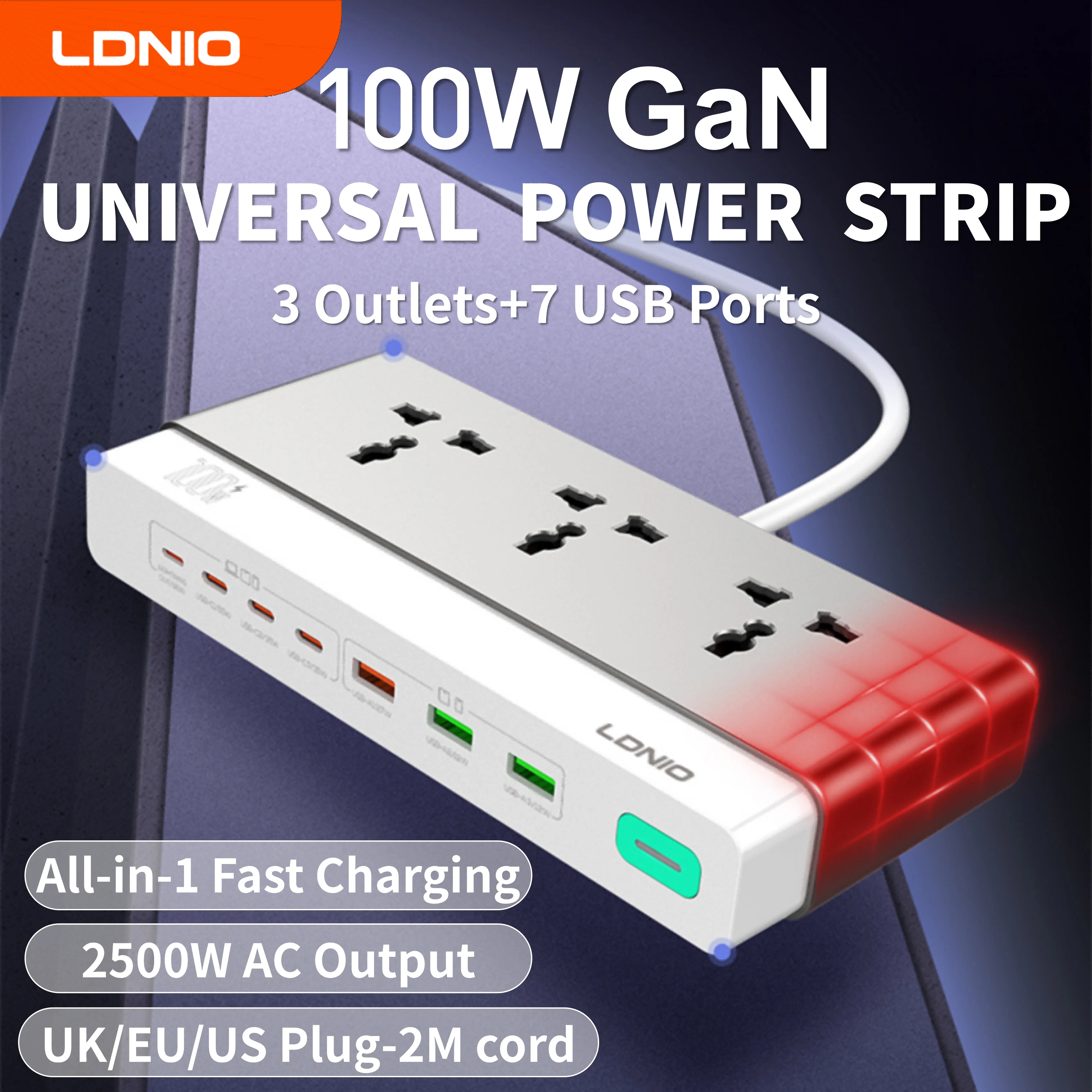 LDNIO 100W Desktop Power Strip Socket Fast Charge 3 Universal AC Outlet PD Type C USB Fast Charging Station 2500W US UK EU Plug