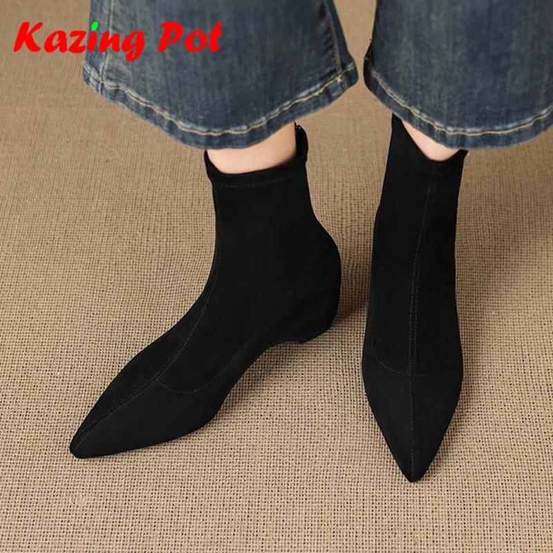Krazing Pot 2027 New Flock Thick Med Heels Modern Chelsea Boots Winter Autumn Vintage Women European Design Stretch Ankle Boots