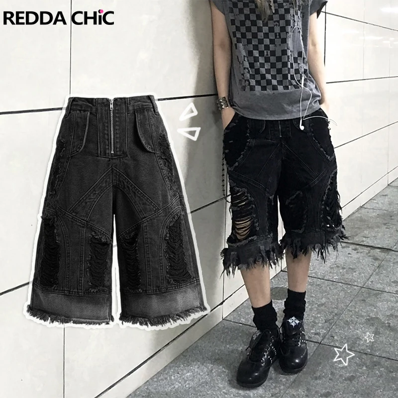 

REDDACHiC Ripped Black Jean Shorts for Women Hiphop Grunge Wide Leg Do Old Low Rise Bermuda Pants Summer Boyfriend Streetwear