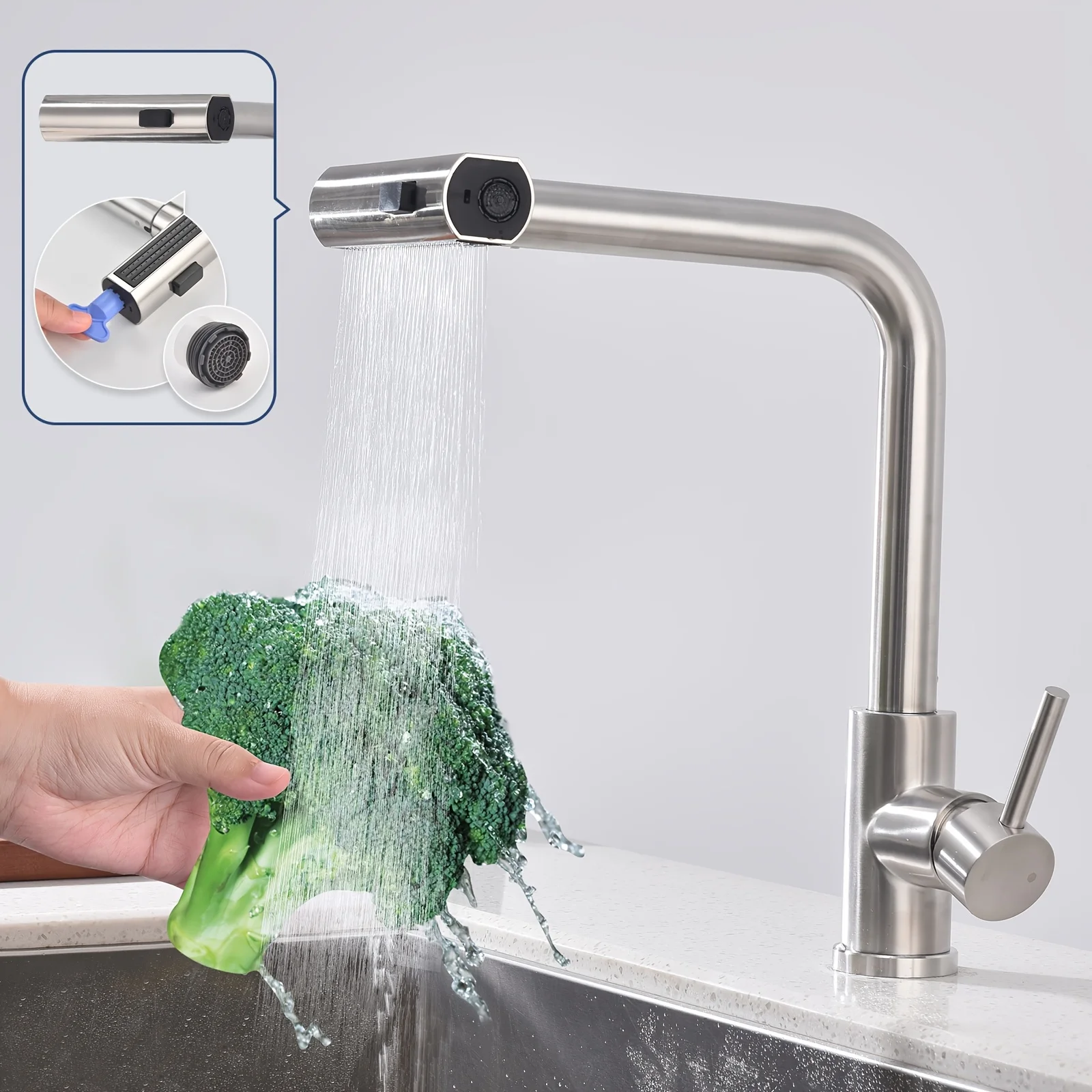2025 New Gun Gray 304 Stainless Steel Pull-Out Six-Function Kitchen Sink Faucet Hot and Cold Rotating Faucet