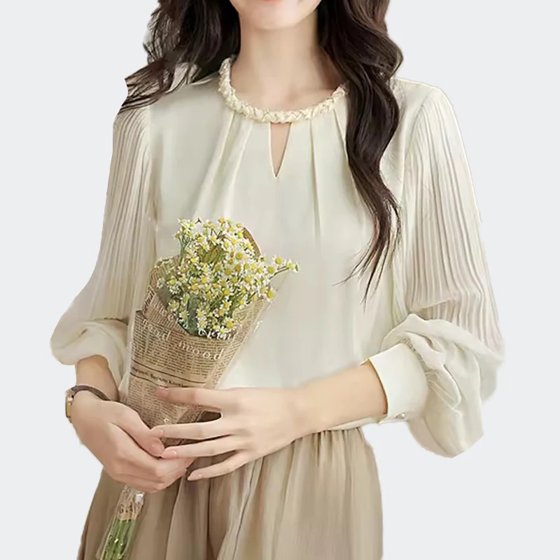 

Women's Long-sleeved Shirt Chic Folds Design Solid Chiffon Shirts Fashion Women Blouses 2025 Vintage Tops For Autumn Winter