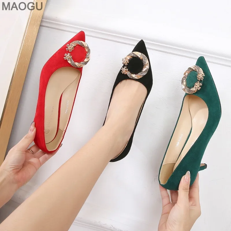 Pointed Toe Office Ladies High Heel Pumps Metal Decors Slip-on Suede Leather Women's Heels Fashion Talons Elegant Large Size 46