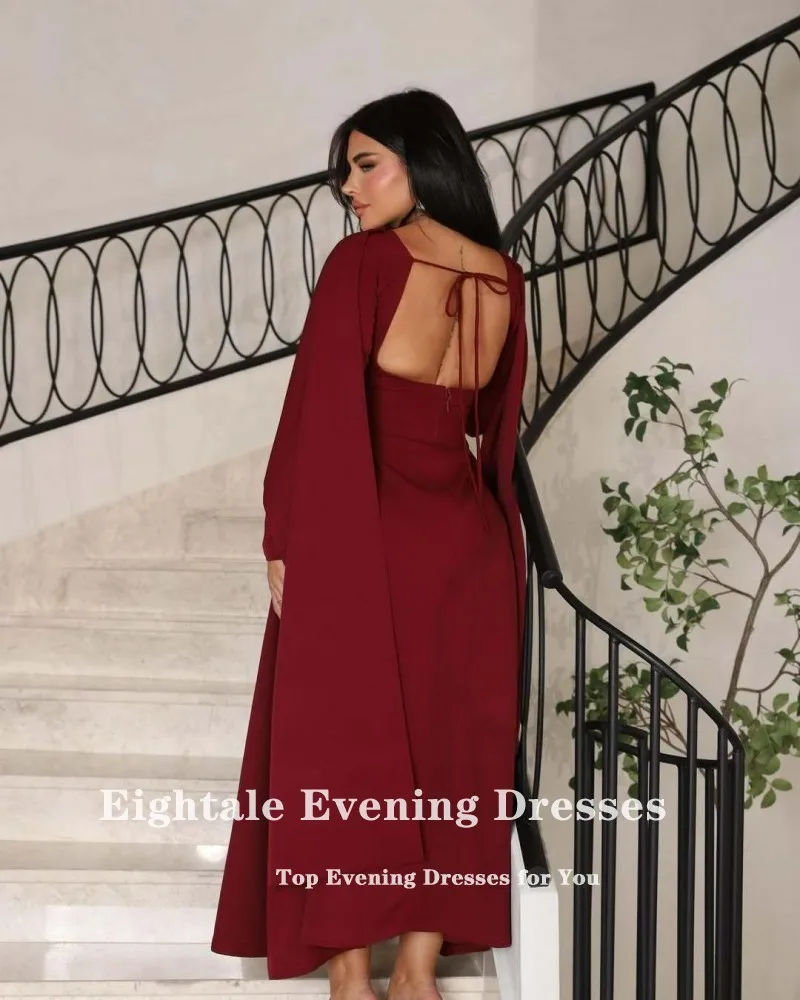 Eightale Arabisches Abendkleid für Hochzeit, Party, lange Ärmel, O-Ausschnitt, Burgunderrot, dehnbar, Meerjungfrau, individuelles Abendkleid