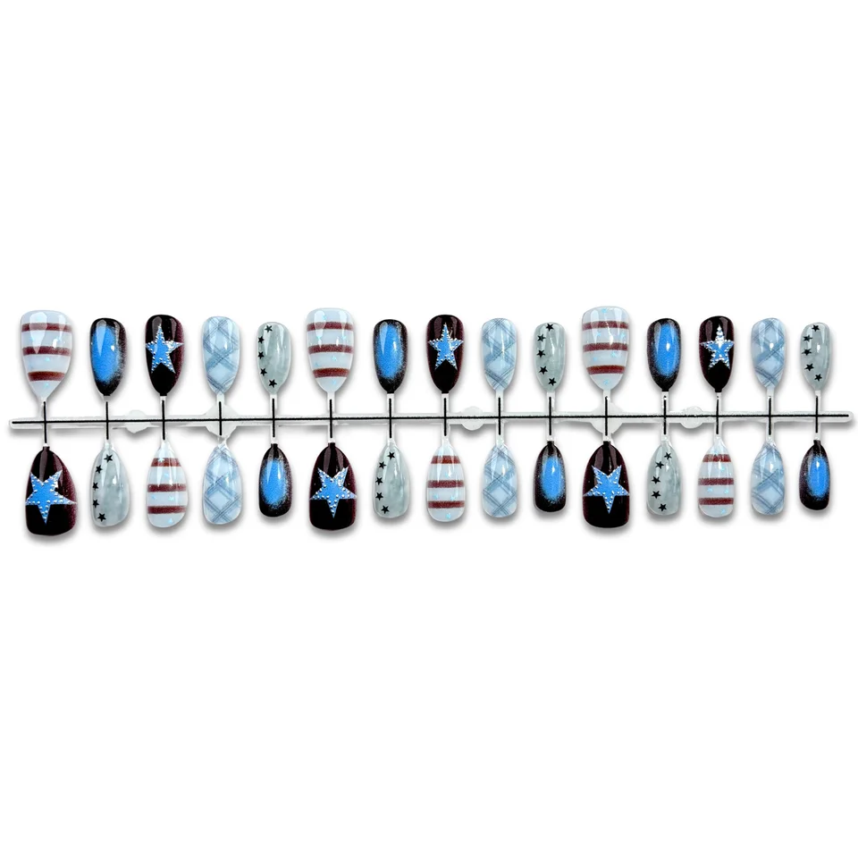 30 uñas postizas en forma de almendra, estilo Y2K, cuadros azules retro, estrellas doradas, para mujer, fiestas, uso diario, manicura DIY 6