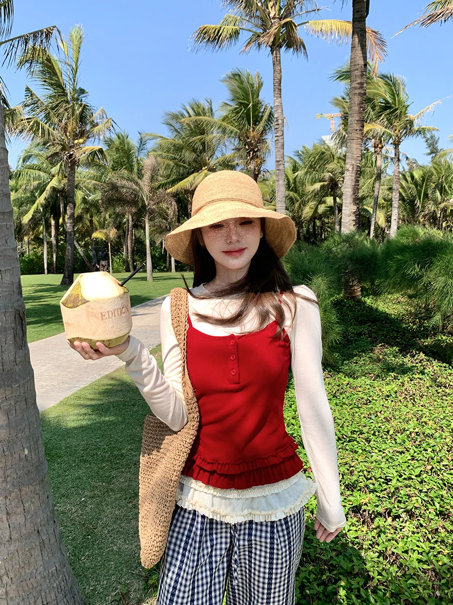 

Комплект из двух предметов: футболка с длинным рукавом и топ на бретелях AySnow Sweet Berry Mousse Slim Fit Spring Red, повседневный, с круглым вырезом