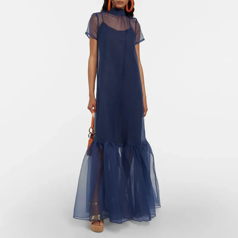 Abito da donna primaverile a metà collo alto in rete finto abito in due pezzi da ufficio elegante abito lungo con fiocco abito Boho pieghettato a maniche corte estivo