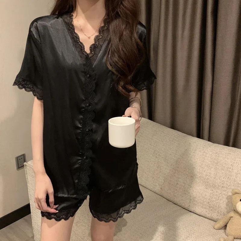 Two-piece Set Pajamas for Women Faux Silk Satin Female Sleepwear New Classy Short Sleeve Pyjamas Fashion Pijama Casual Homewear