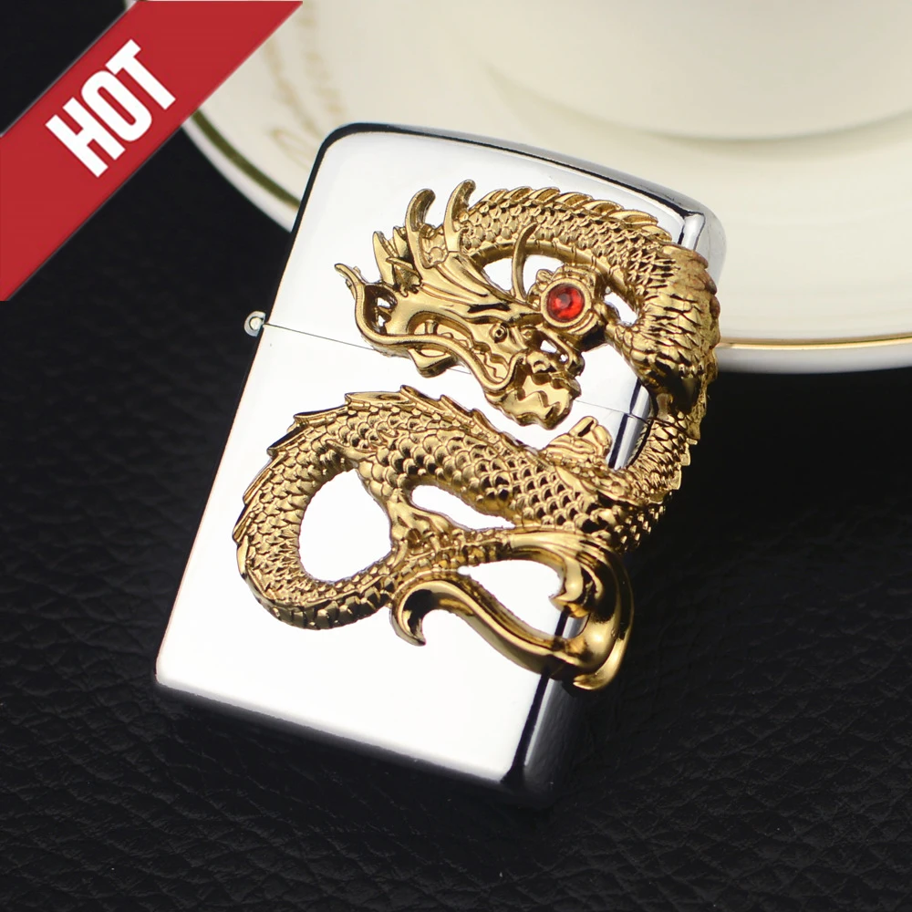 New Retro Stick Dragon Picture Smoking Accessories Metal Blue Flame Inflation Windproof Cigar Replaceable Lighter Men's Gift