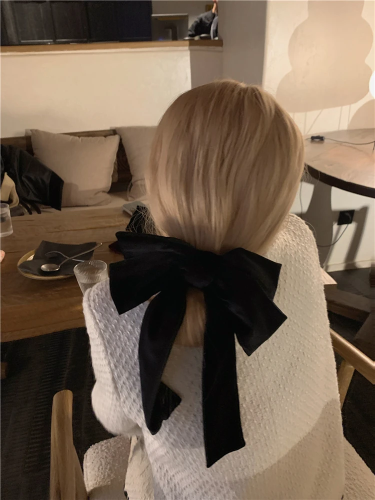 Vintage Black Big Large Velvet Bow Hair Clip For Women Girls Wedding Long Ribbon Korean Hairpins Barrette Hair Accessories